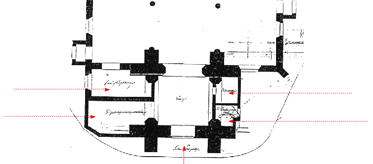 Détail du plan d'Achille Dewarlez montant le porche et ses abords